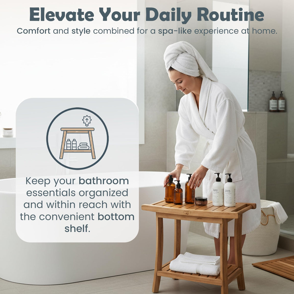 22-Inch Teak Shower Bench with Storage Shelf U9283