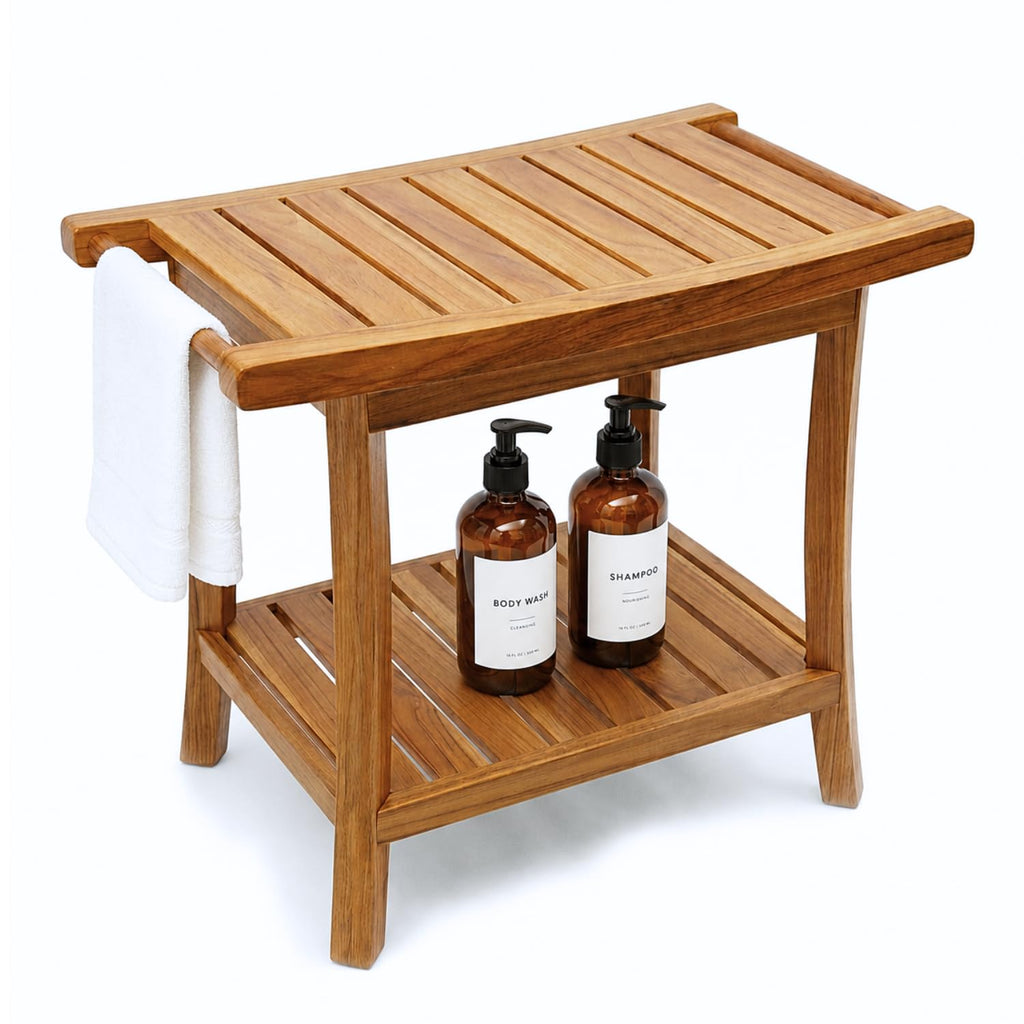 22-Inch Teak Shower Bench with Storage Shelf U9283