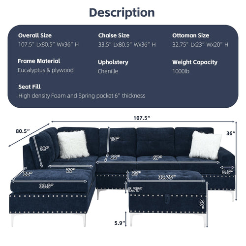 108'' Chenille Navy Blue L-Shaped Sectional Sofa with Storage Ottoman E9823