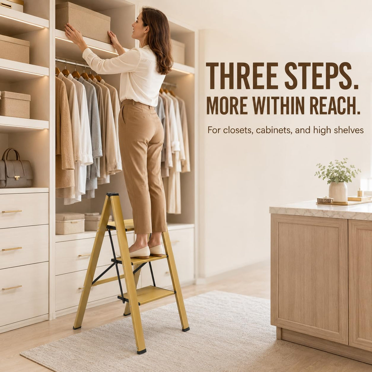 Gold Aluminum 3 Step Folding Stool, 330 lb Capacity W598