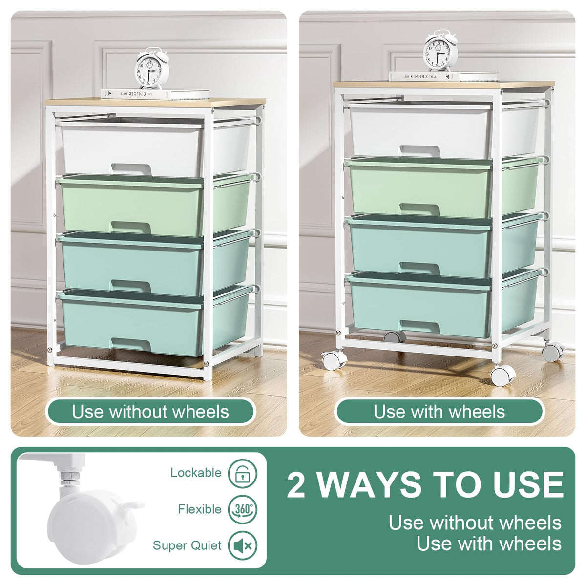 Rolling Cart with Drawers, 4-Drawer Utility Cart, Green T3843