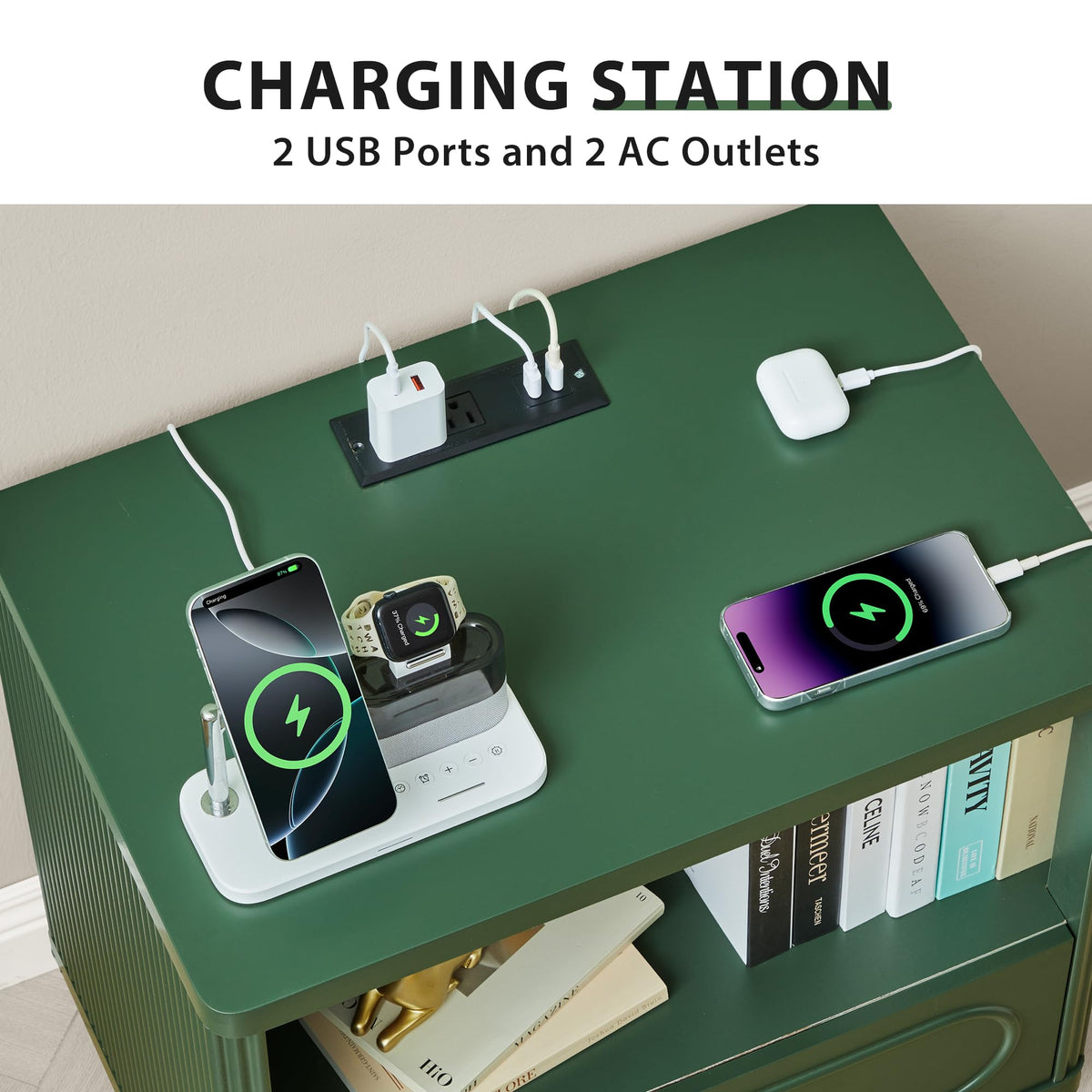 Green Fluted Nightstand Set of 2 with Charging Station J867915
