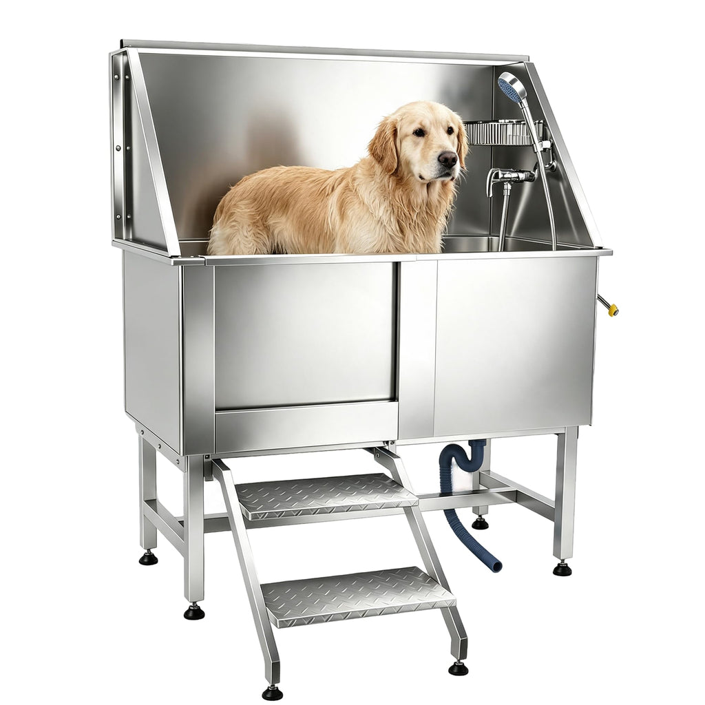 304 Stainless Steel Dog Washing Station with Stairs and 2 Drawers Y70359