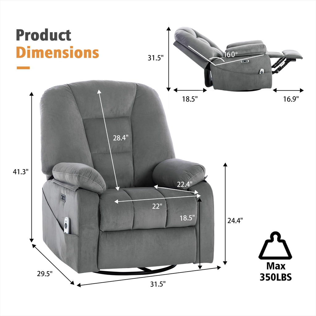Velvet Grey Power Swivel Rocker Recliner with Massage and Heat Z5983