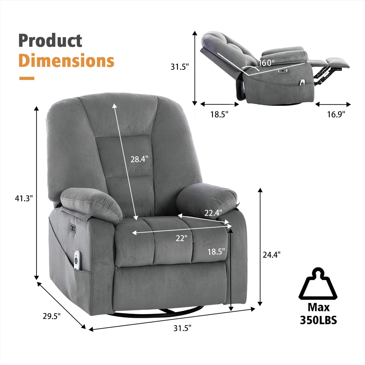 Velvet Grey Power Swivel Rocker Recliner with Massage and Heat Z5983