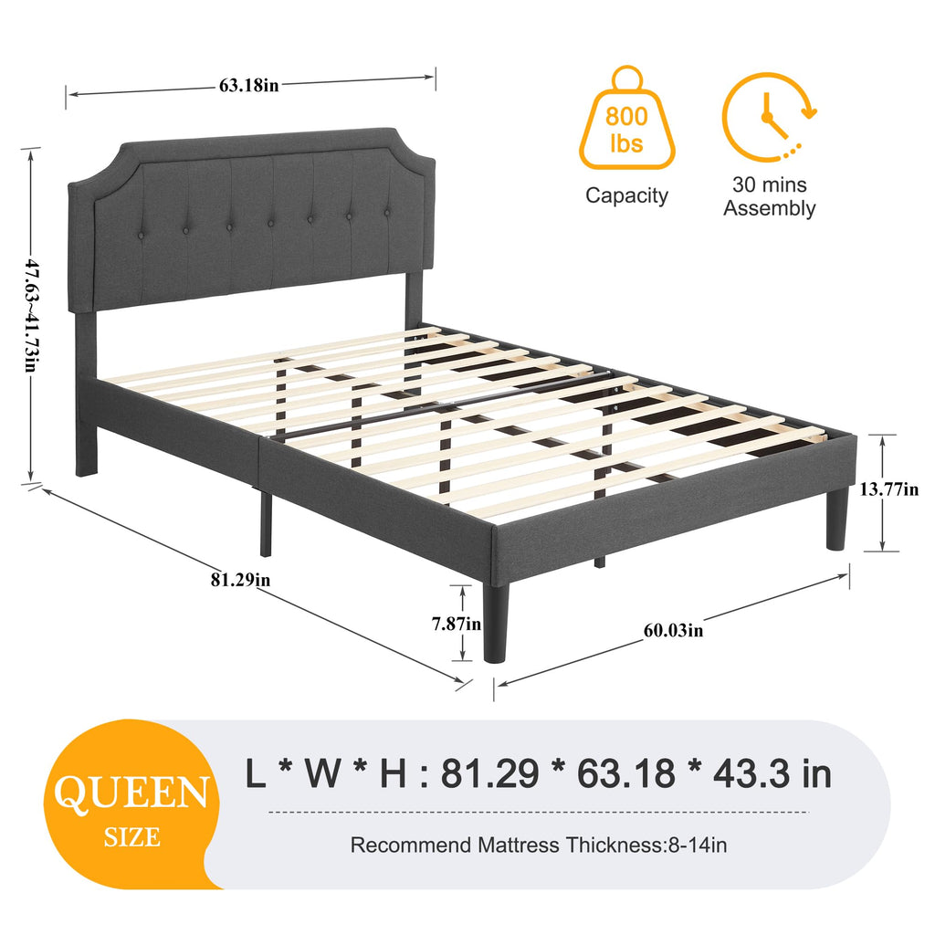 Queen Size Fabric Upholstered Platform Bed Frame with Wooden Slats I480792