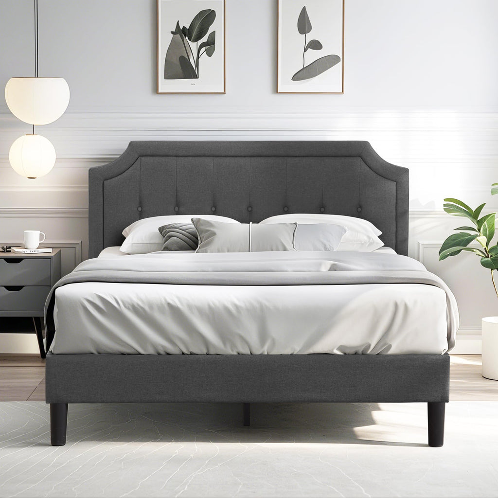 Queen Size Fabric Upholstered Platform Bed Frame with Wooden Slats I480792
