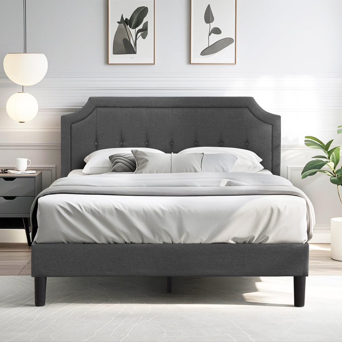 Queen Size Fabric Upholstered Platform Bed Frame with Wooden Slats I480792