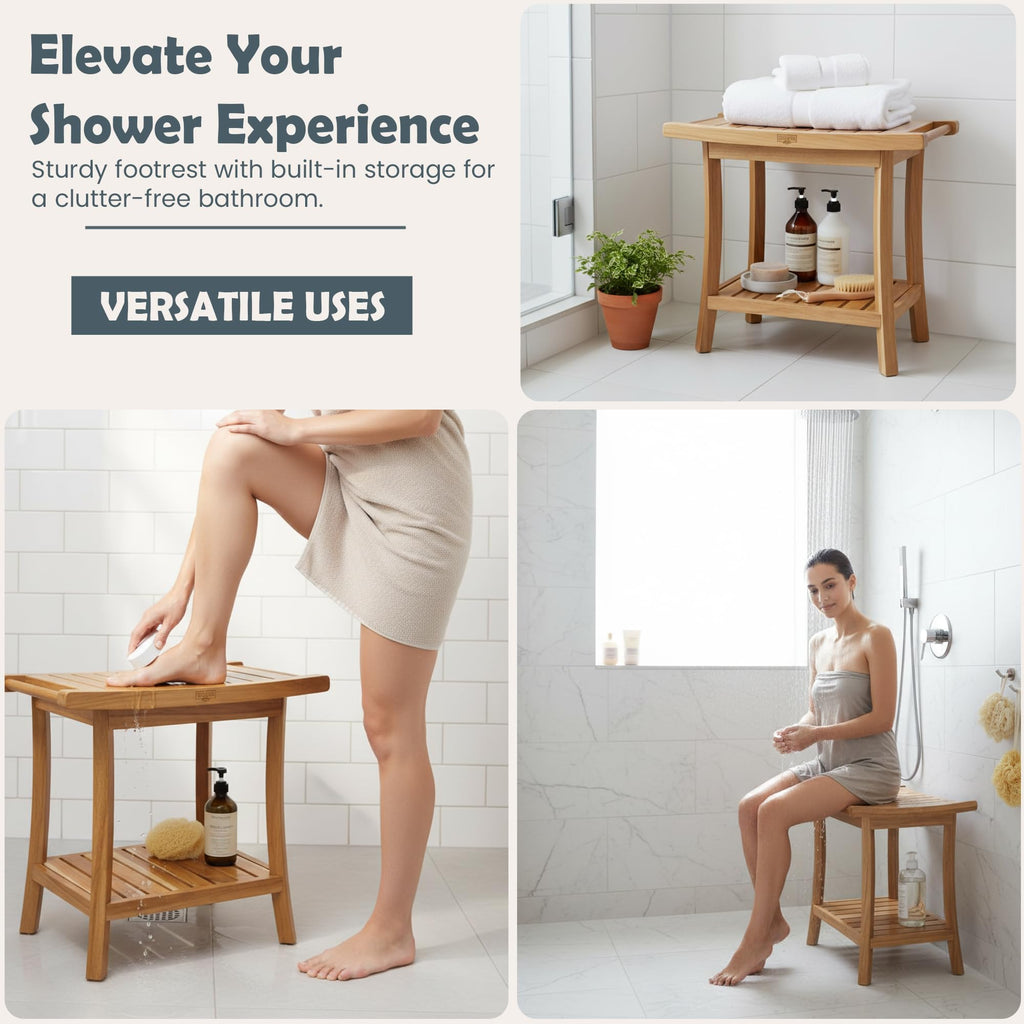 22-Inch Teak Shower Bench with Storage Shelf U9283