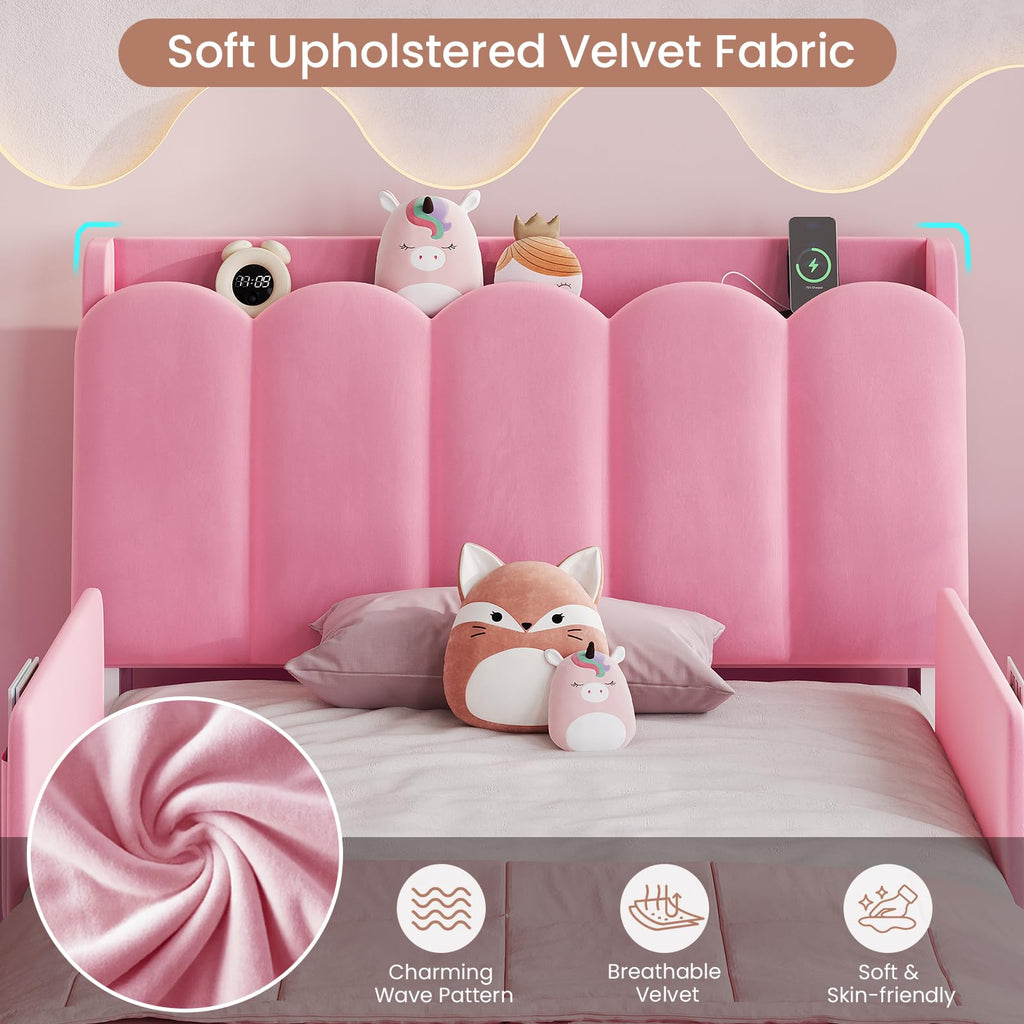 Pink Velvet Upholstered Twin Size Platform Bed with Storage Drawer O796972