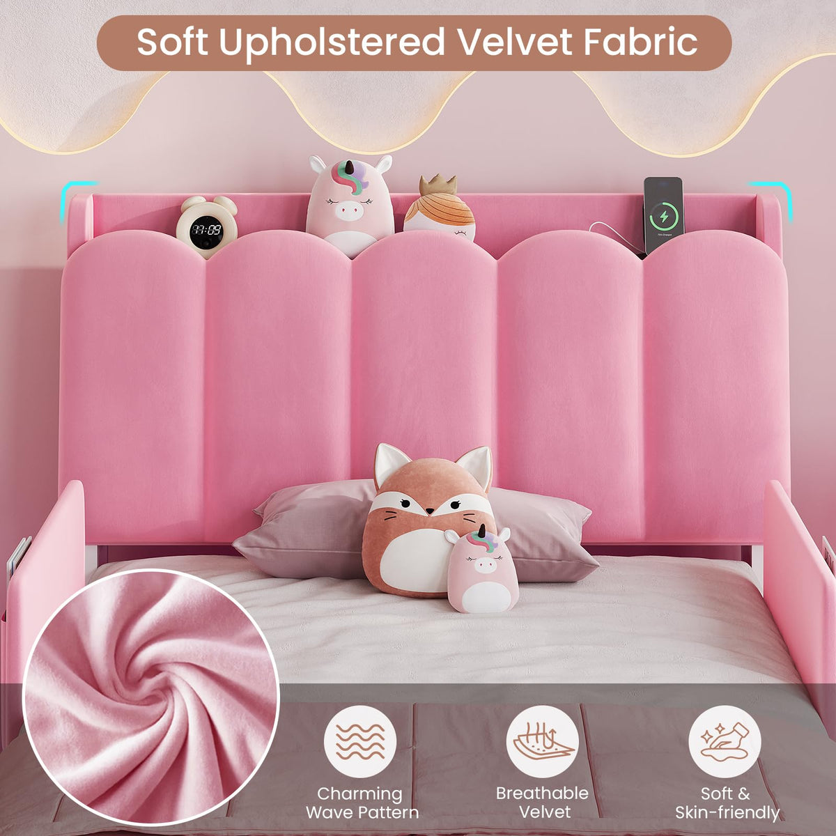 Pink Velvet Upholstered Twin Size Platform Bed with Storage Drawer O796972