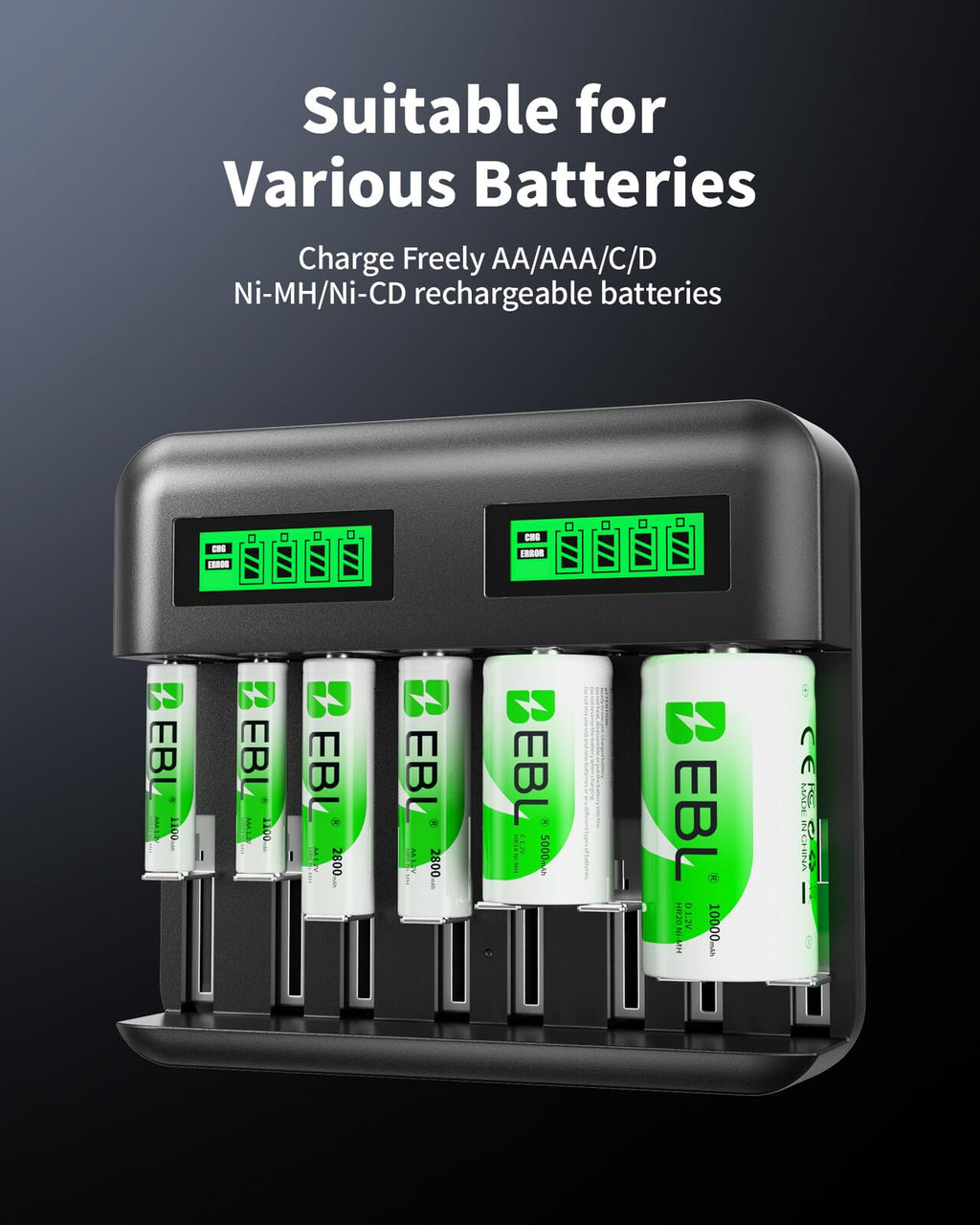 Smart Battery Charger for C D AA AAA Ni-MH Ni-CD Rechargeable Batteries 4 Pack U86926