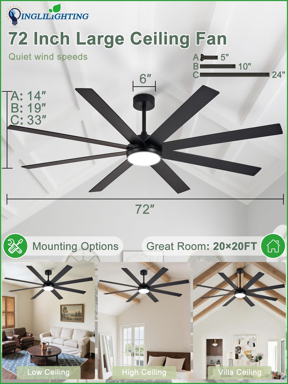 Black 72in Ceiling Fan with Lights H56915