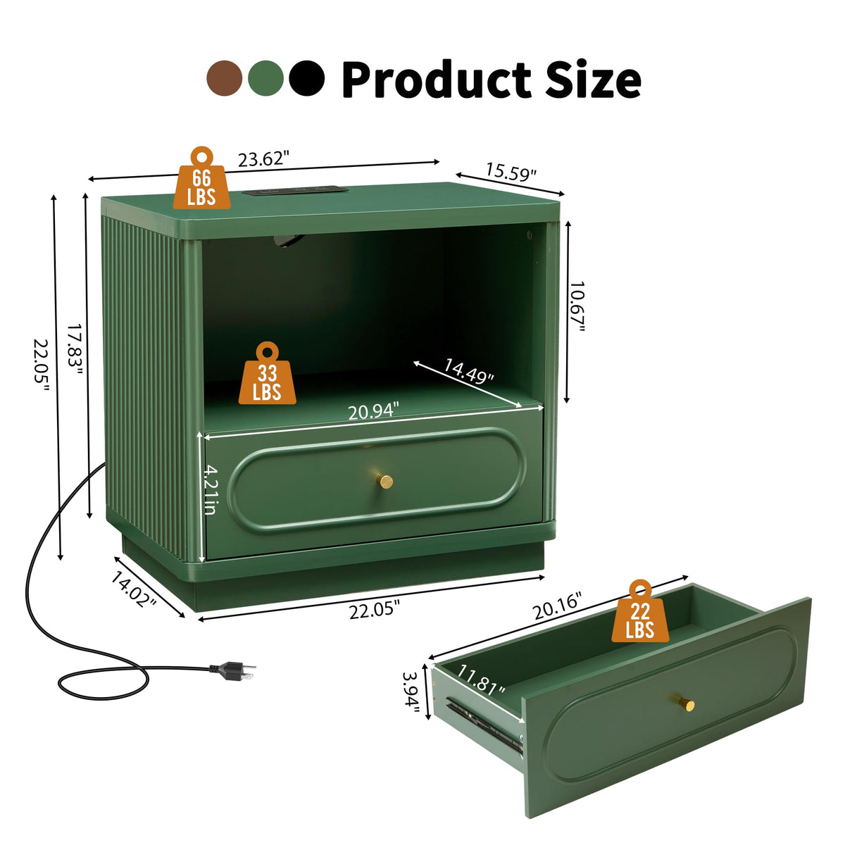 Green Fluted Nightstand Set of 2 with Charging Station J867915