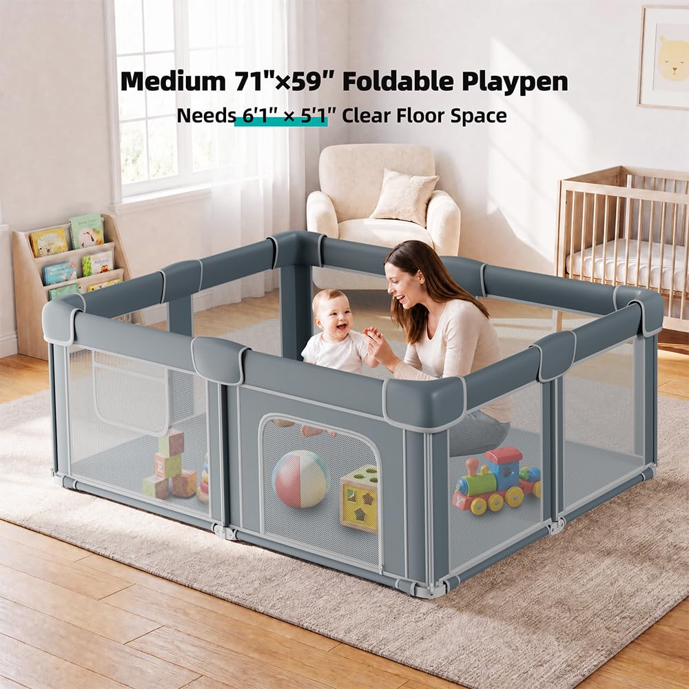 Foldable Baby Playpen with Mat, 71x59 Inches, Grey H453921