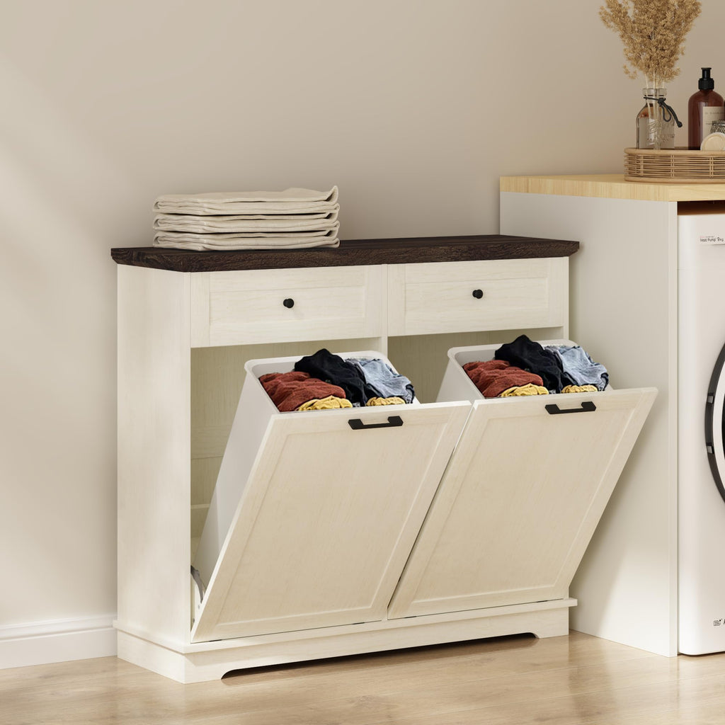 20 Gallon Double Tilt Out Wood Trash Can Cabinet with Drawer K3495