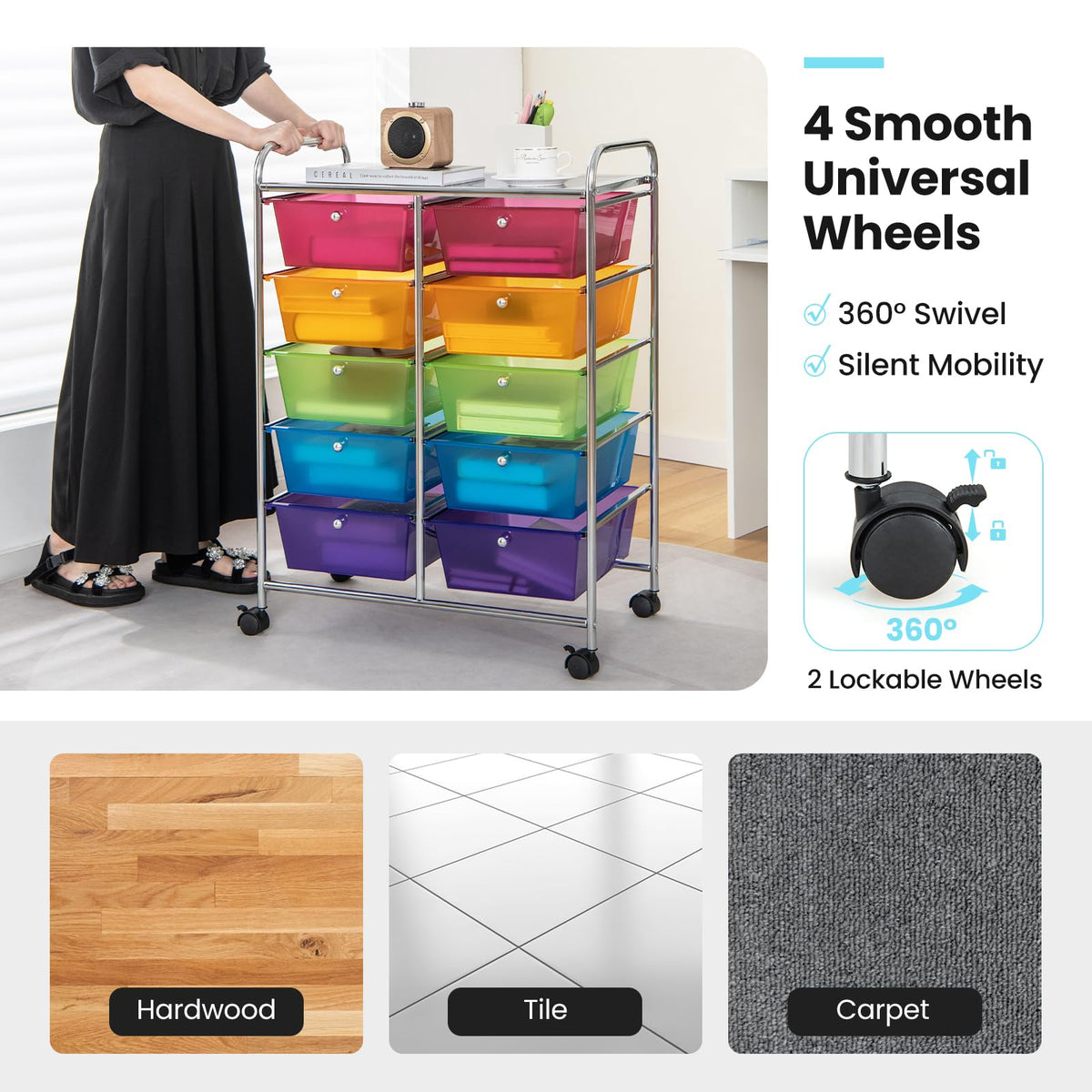 10 Drawer Rolling Storage Cart with Metal Frame S736212