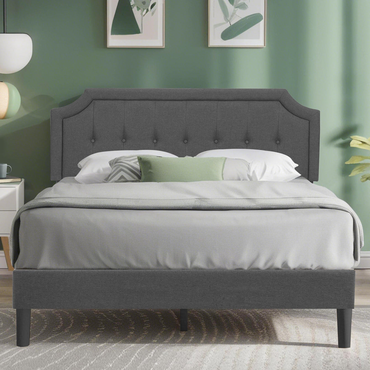 Queen Size Fabric Upholstered Platform Bed Frame with Wooden Slats I480792
