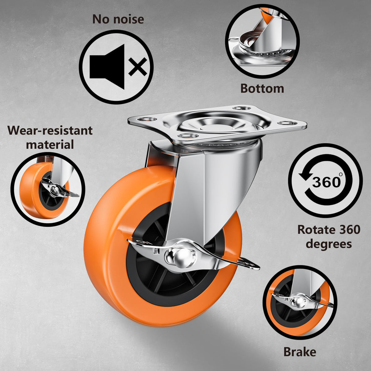 2" Plate Casters with Brake, 8 Pack PU Swivel Wheels Z105951