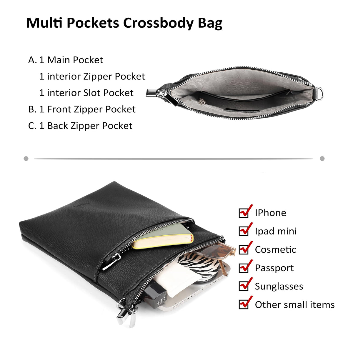 Genuine Leather Crossbody Purses with Adjustable Shoulder Strap O742