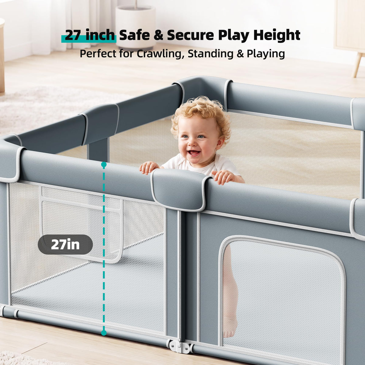 Foldable Baby Playpen with Mat, 71x59 Inches, Grey H453921