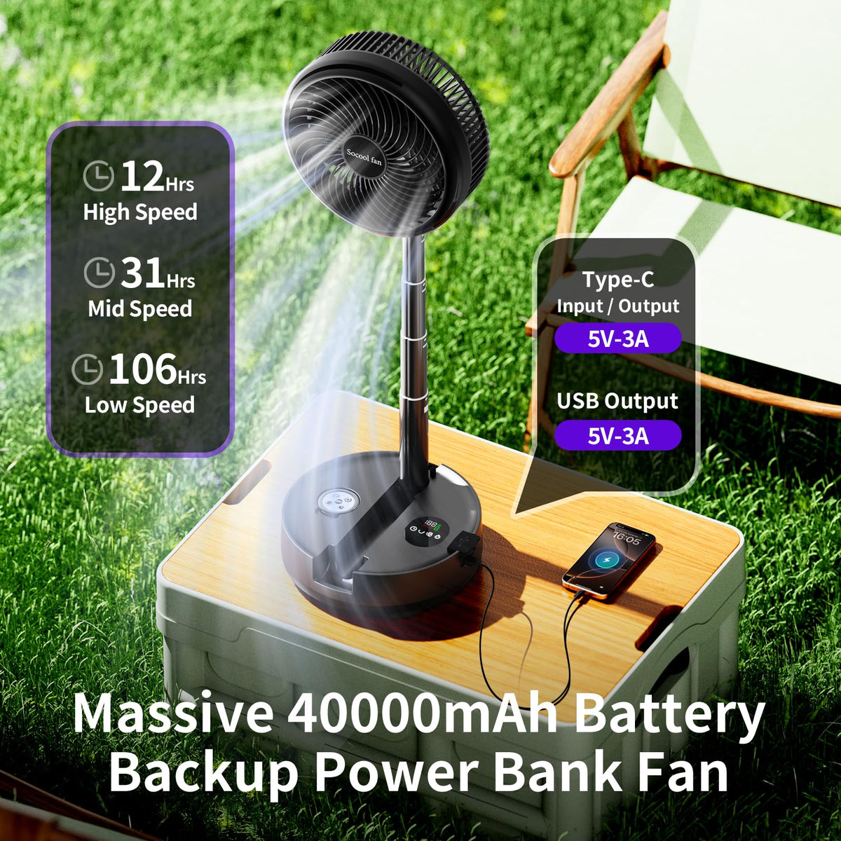40000mAh Rechargeable Portable Fan with 8 Speed P702914