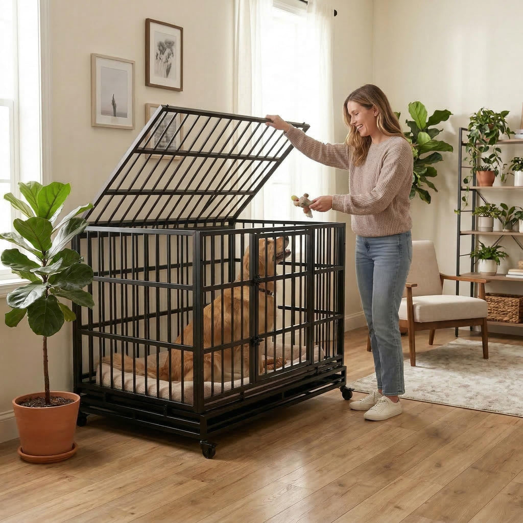 48 Inch Heavy Duty Collapsible Metal Dog Crate with Wheels I485