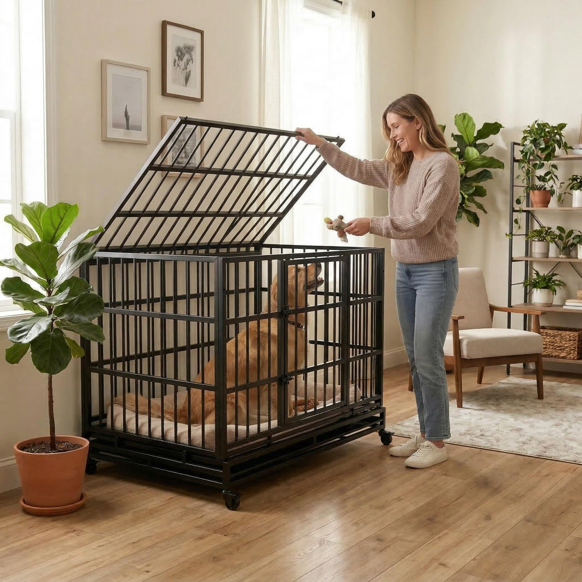 48 Inch Heavy Duty Collapsible Metal Dog Crate with Wheels I485