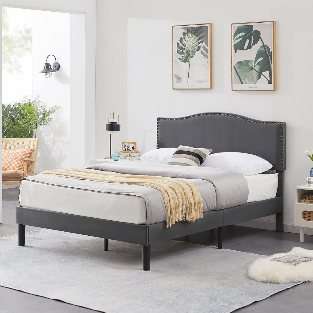 Full Bed Frame with Upholstered Headboard and Wooden Slats, Dark Grey Y639