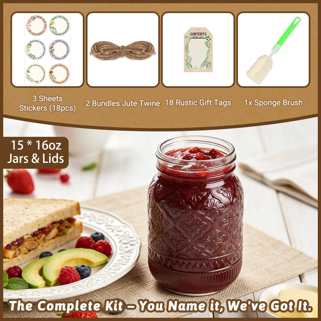 16oz Embossed Mason Jars 15-Pack with Airtight Lids B172