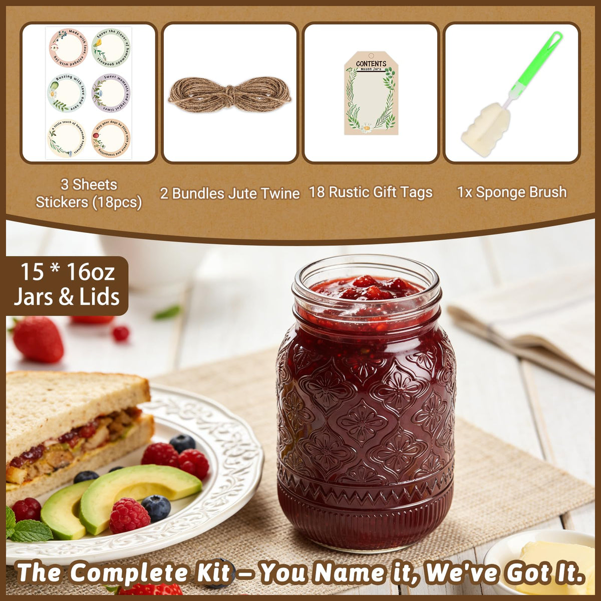16oz Embossed Mason Jars 15-Pack with Airtight Lids B172