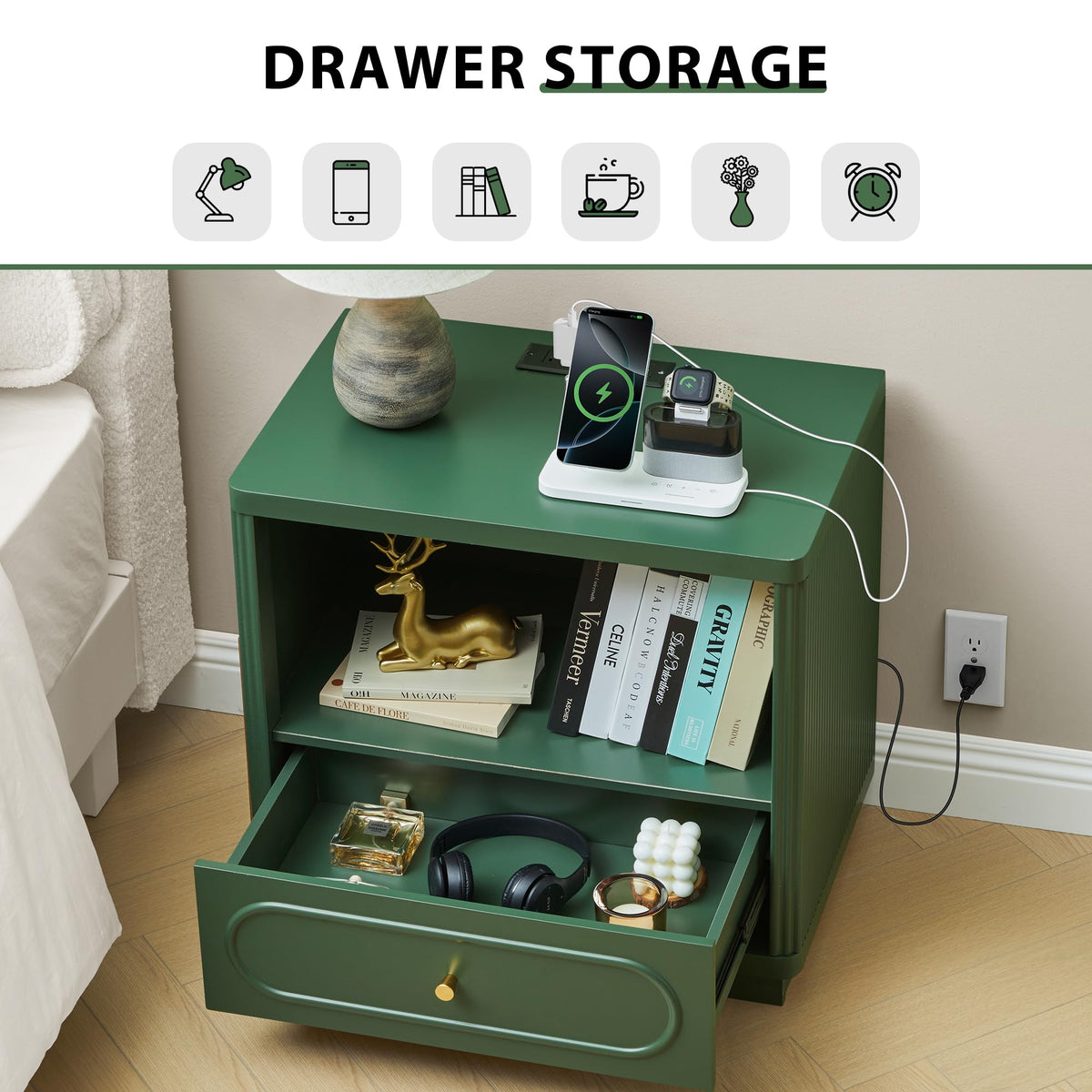 Green Fluted Nightstand Set of 2 with Charging Station J867915