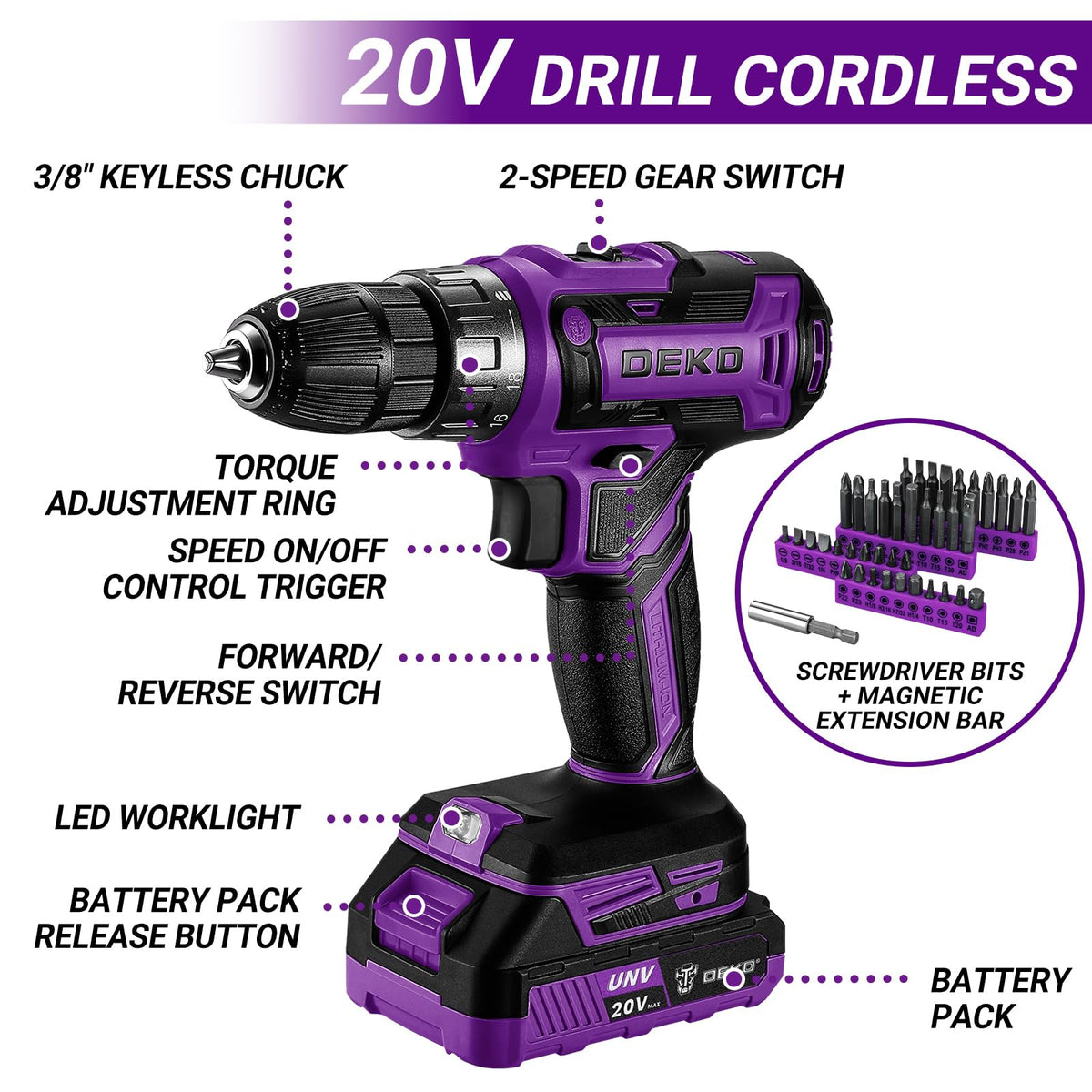 20V Cordless Power Drill Tool Kit Set with Battery C251