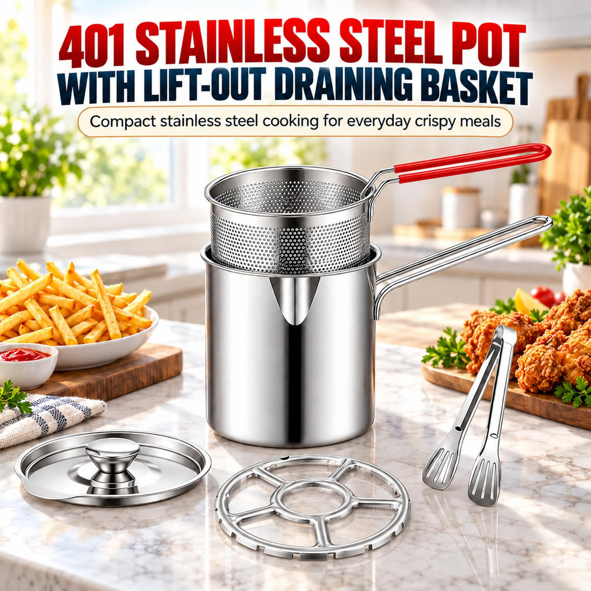 Stainless Steel Pot with Draining Basket, Five Piece Set N146