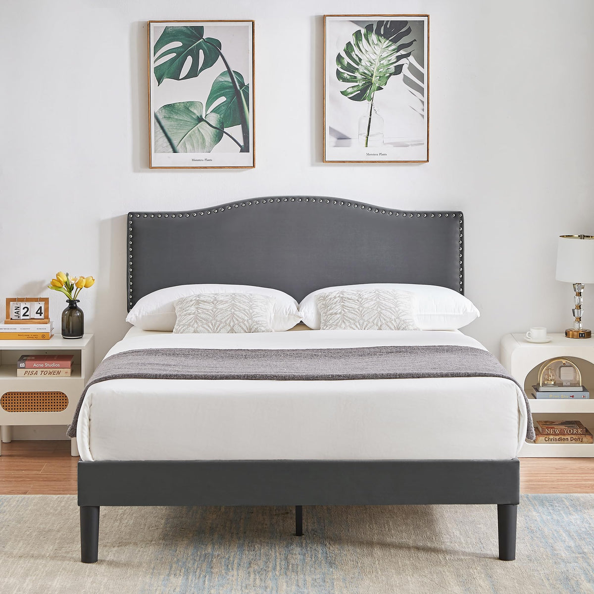 Full Bed Frame with Upholstered Headboard and Wooden Slats, Dark Grey Y639