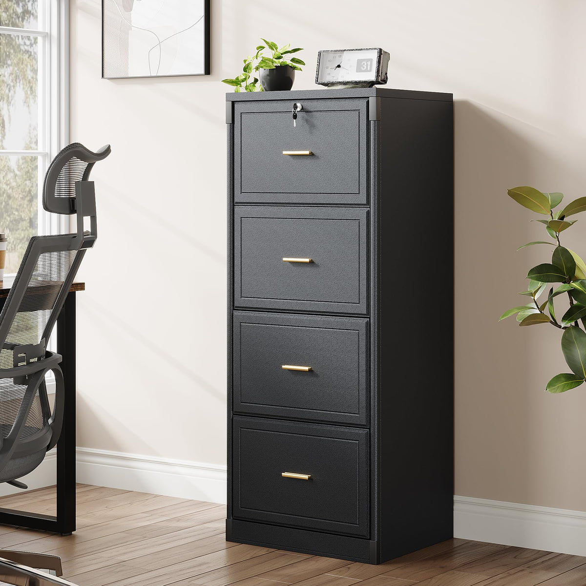4 Drawer Black MDF File Cabinet with Lock C703