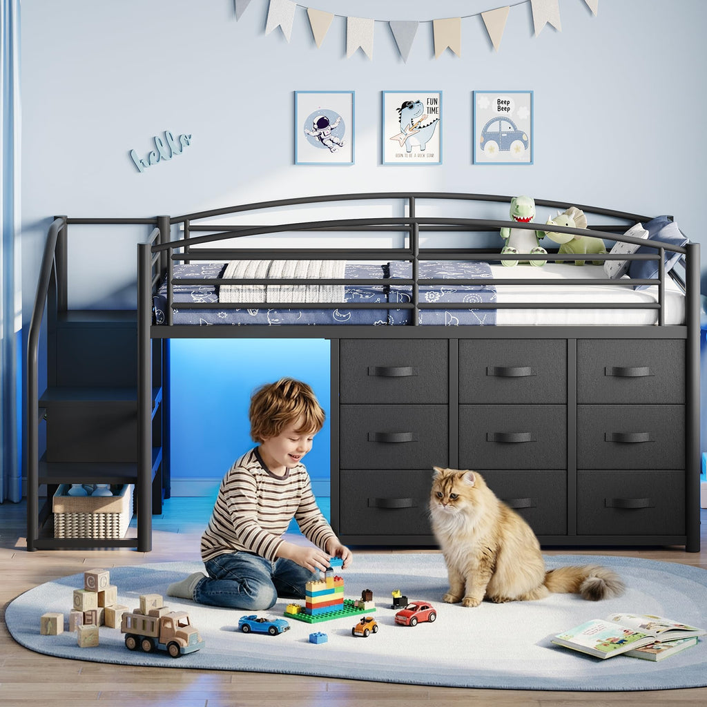 Twin Metal Loft Bed with 9 Storage Drawers and Guardrail X689