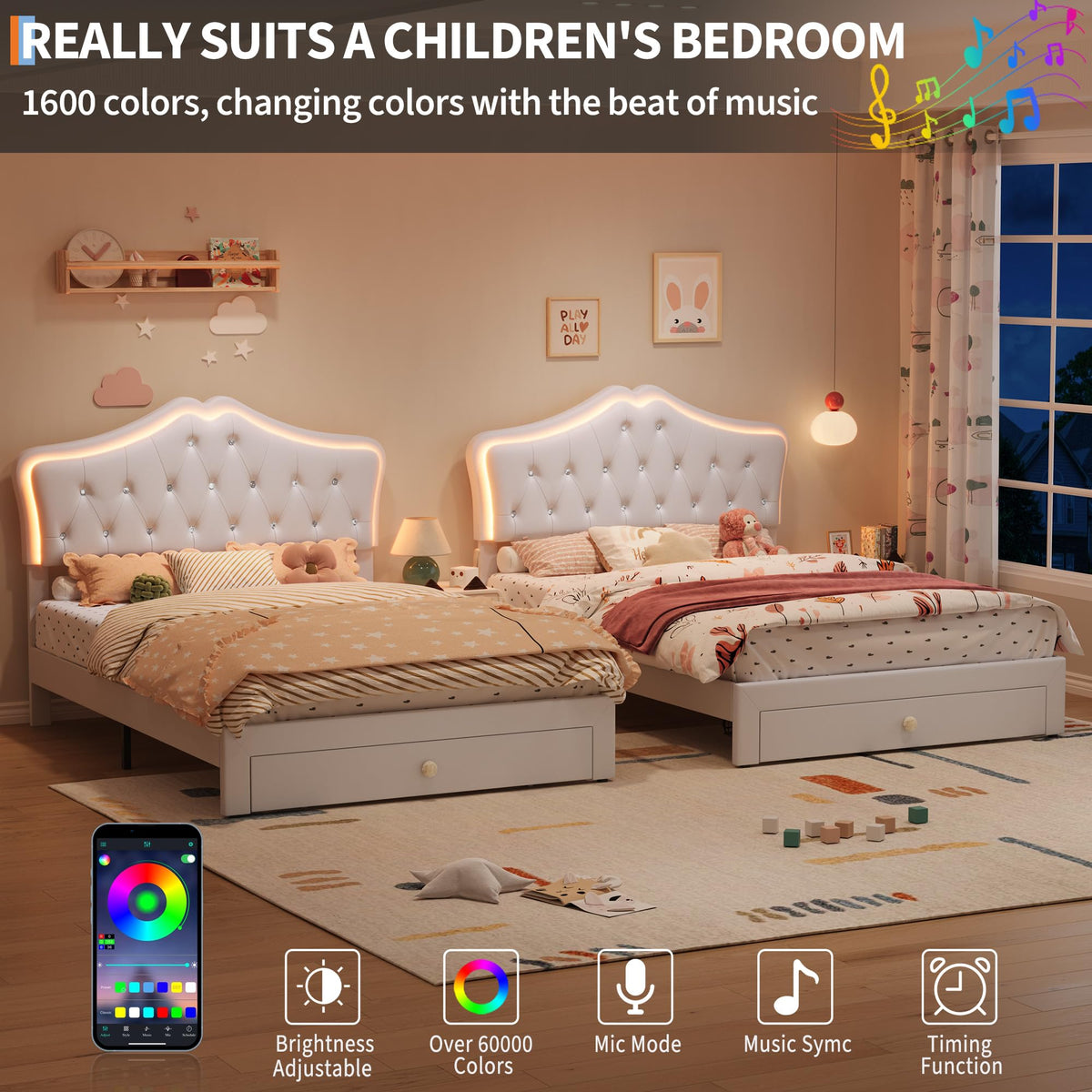 Beige Full Size Bed Frame with LED Lights Headboard T509999