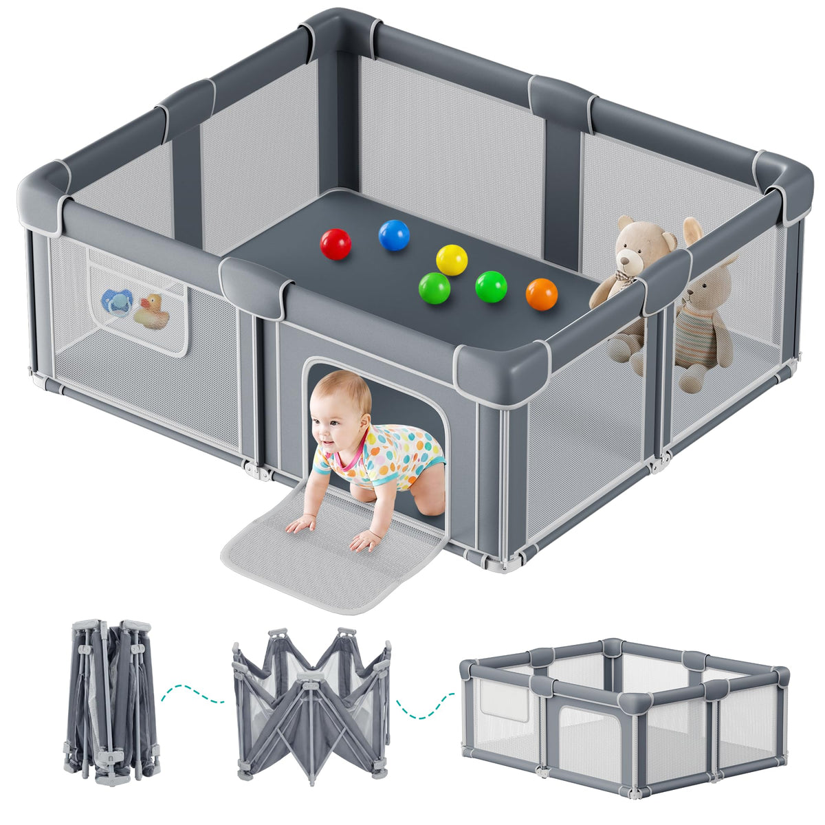 Foldable Baby Playpen with Mat, 71x59 Inches, Grey H453921
