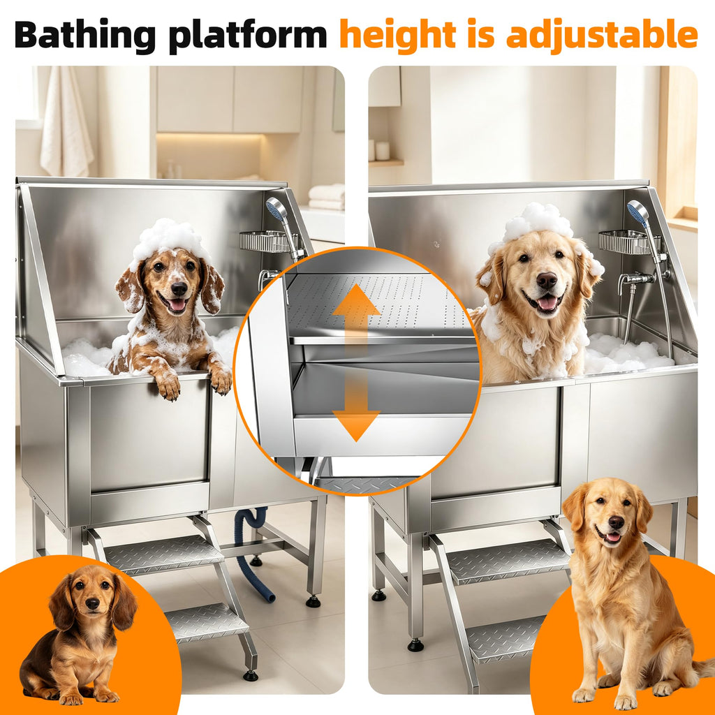 304 Stainless Steel Dog Washing Station with Stairs and 2 Drawers Y70359