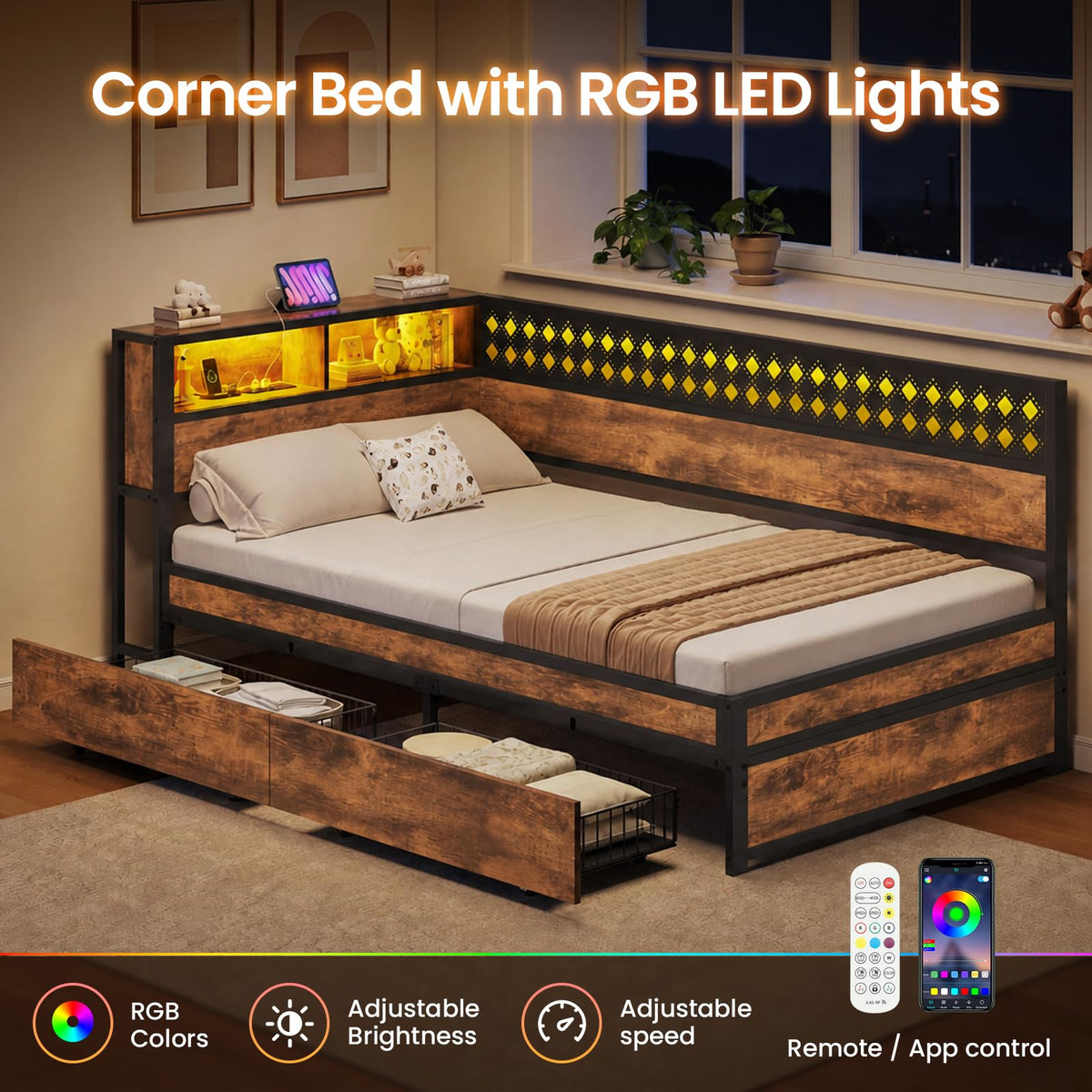 Twin Corner Bed Frame with Mattress and 2 Storage Drawers A43392