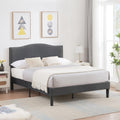 Full Bed Frame with Upholstered Headboard and Wooden Slats, Dark Grey Y639