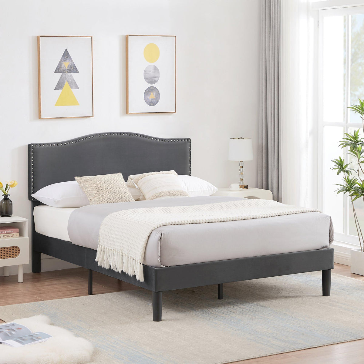 Full Bed Frame with Upholstered Headboard and Wooden Slats, Dark Grey Y639