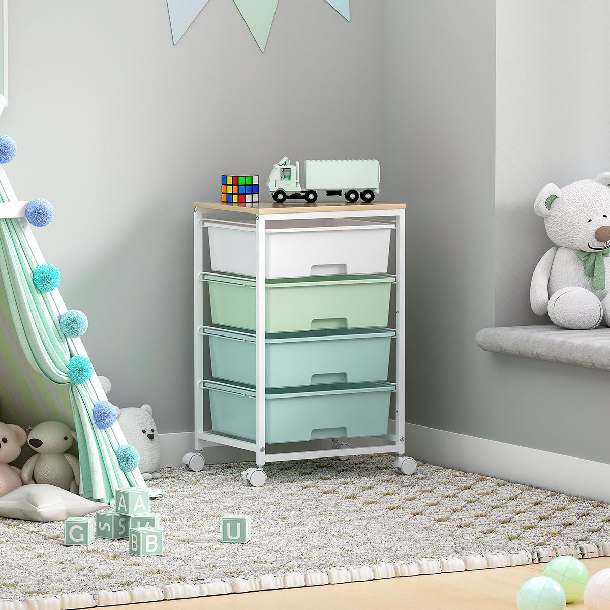 Rolling Cart with Drawers, 4-Drawer Utility Cart, Green T3843