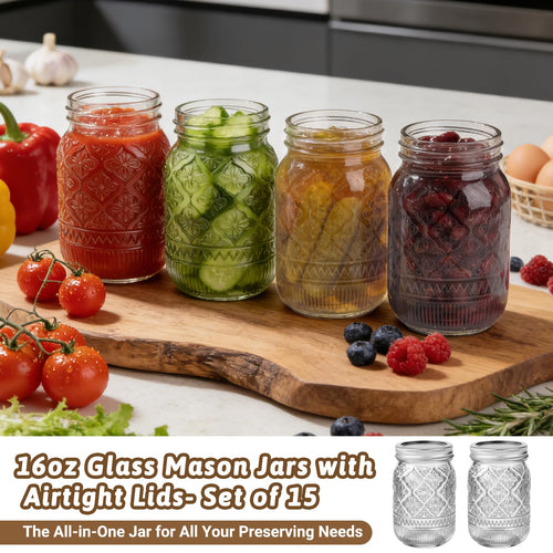 16oz Embossed Mason Jars 15-Pack with Airtight Lids B172