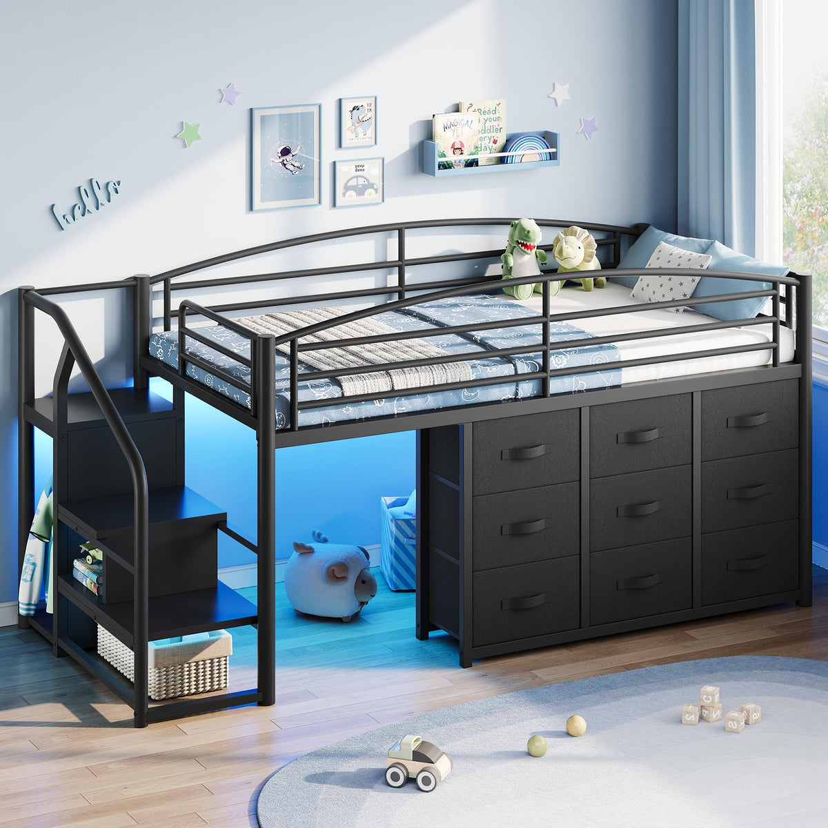 Twin Metal Loft Bed with 9 Storage Drawers and Guardrail X689