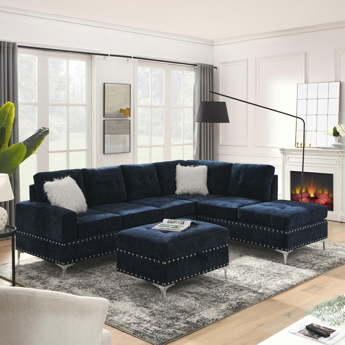 108'' Chenille Navy Blue L-Shaped Sectional Sofa with Storage Ottoman E9823