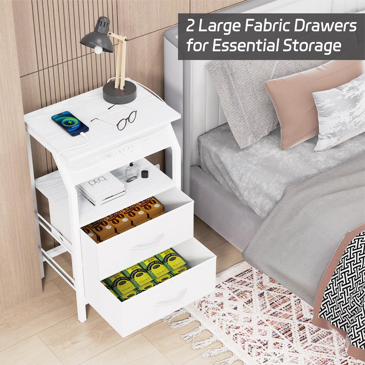 End Table with LED Lights, 2 Fabric Drawers and Charging Station B6208