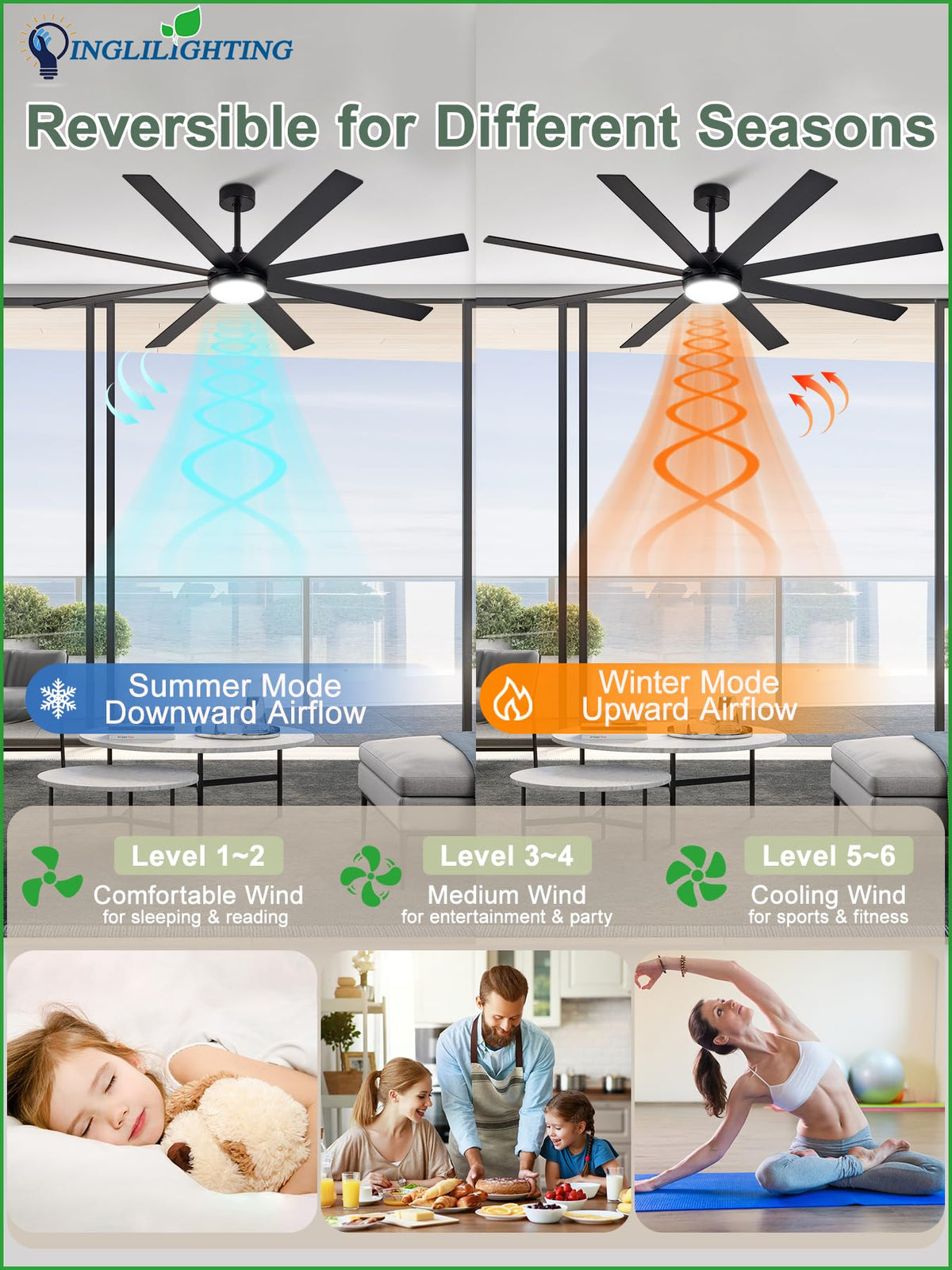 Black 72in Ceiling Fan with Lights H56915