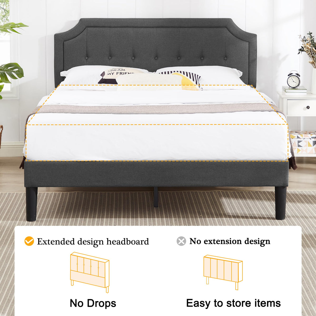Queen Size Fabric Upholstered Platform Bed Frame with Wooden Slats I480792
